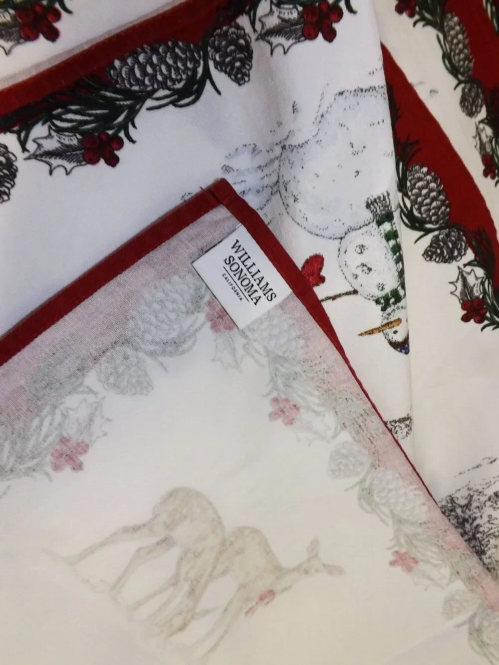 Williams Sonoma Winter Scene Cotton Napkins Set Of 6 Red & White Snowman & Deer